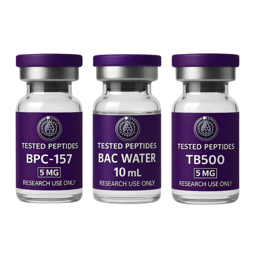BPC 157 5mg peptide vial, TB500 5mg peptide vial and 10 ml bac water – high‑purity research peptides for laboratory use only.